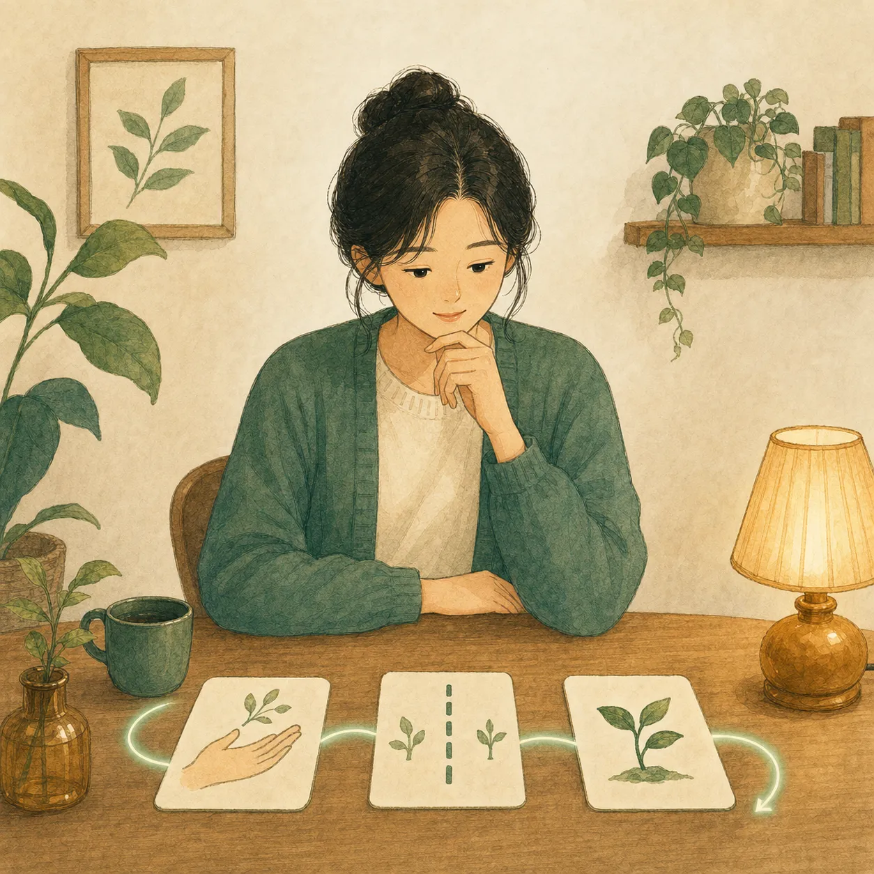 도움, 경계, 회복 카드를 따라 내 관계 패턴을 살피는 따뜻한 일러스트