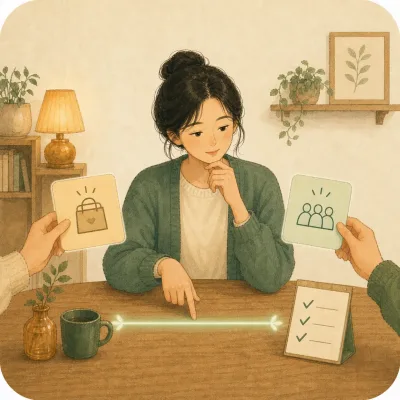 부탁 앞에서 자신의 경계를 고민하는 사람의 따뜻한 일러스트
