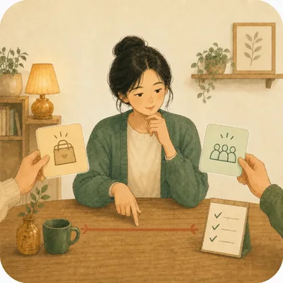 두 부탁 카드 사이에서 내 기준으로 이어지는 길을 살피는 사람의 따뜻한 수채화