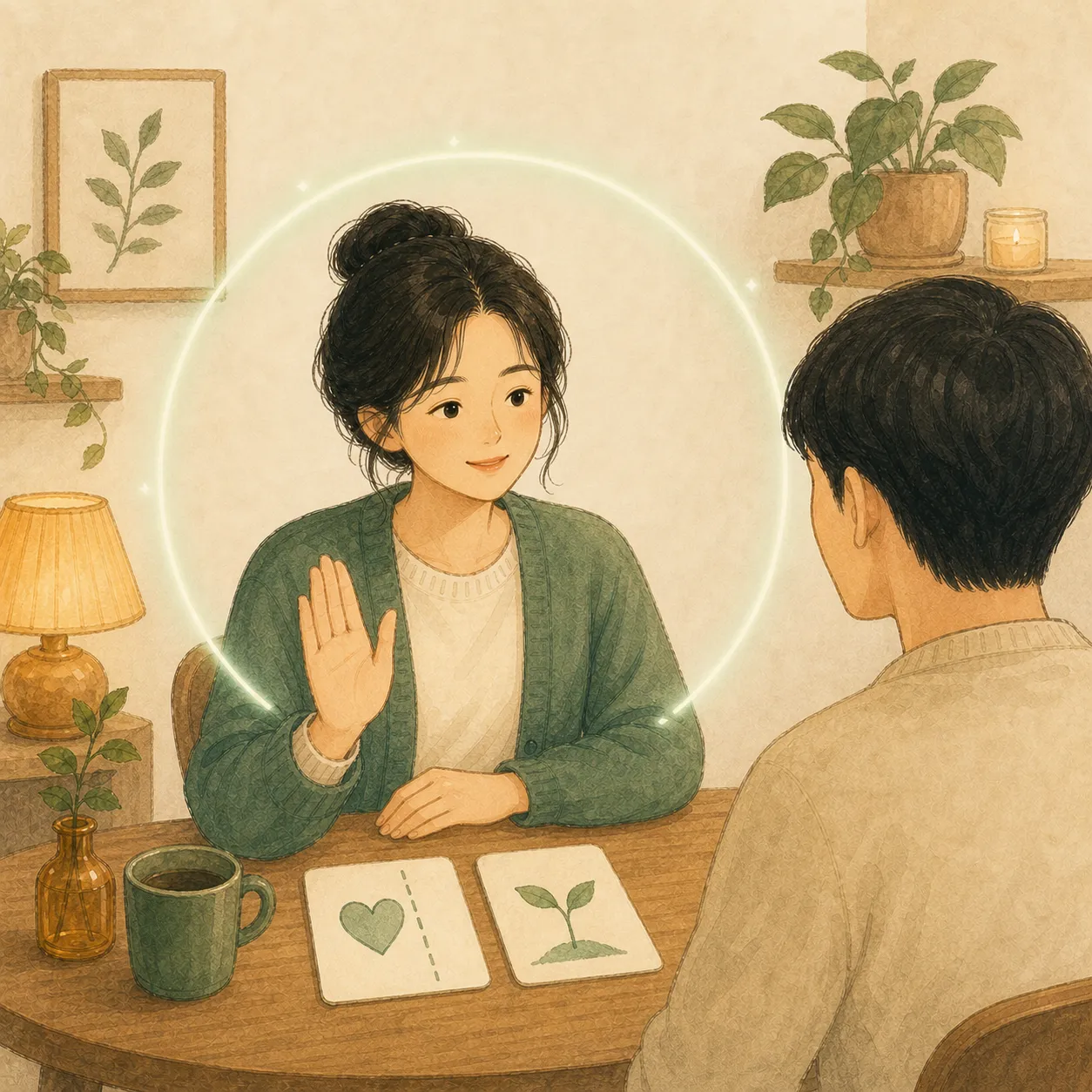 상대에게 부드럽게 손을 들고 내 기준을 말하는 따뜻한 일러스트