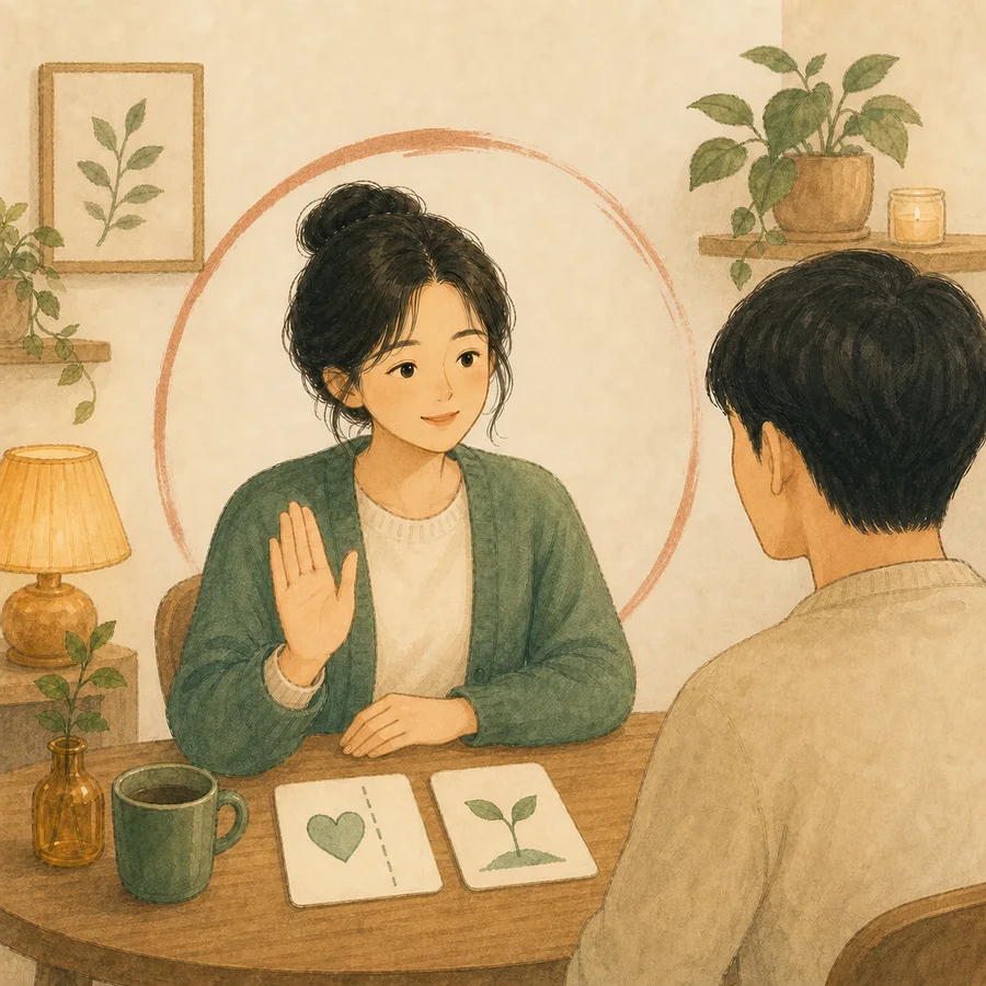 테라코타 붓선 안에서 상대에게 부드럽게 손을 들고 내 기준을 말하는 수채화