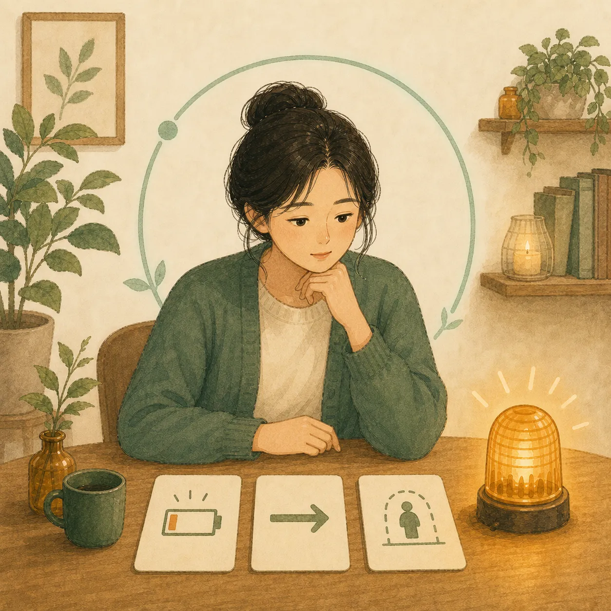 배터리, 일방향 화살표, 경계 신호 카드를 살피는 따뜻한 일러스트